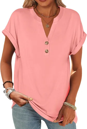 Miniatura 40 de ANRABESS - Camisetas Henley de manga corta para mujer, cuello en V, elegantes, estilo informal, de corte suelto; blusas fluidas de verano, ropa