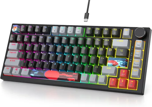 Miniatura 24 de Fogruaden Teclado para juegos con cable, 75 por ciento, intercambiable en caliente, teclado mecánico cremoso de montaje en junta con perilla