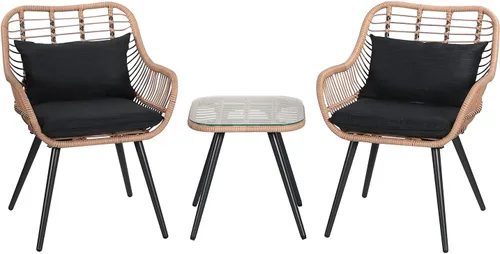 Miniatura 2 de JOIVI Juego de 3 piezas para patio, juegos de mimbre para exteriores, para porche, patio trasero con mesa de centro cuadrada de cristal, cojines