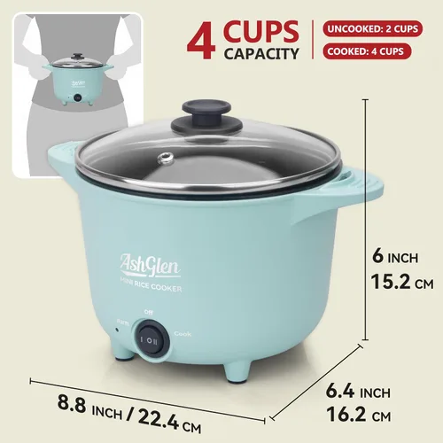 Miniatura 8 de AshGlen Arrocera pequeña de 2 tazas sin cocer / 4 tazas cocidas, mini olla eléctrica, mini olla eléctrica, olla arrocera de cerámica, vaporizador