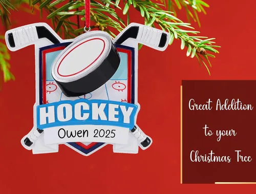 Miniatura 4 de Adorno de Navidad personalizado de hockey sobre hielo 2026 Palos de hockey y disco de decoración de árbol de Navidad para niños y niñas Regalo