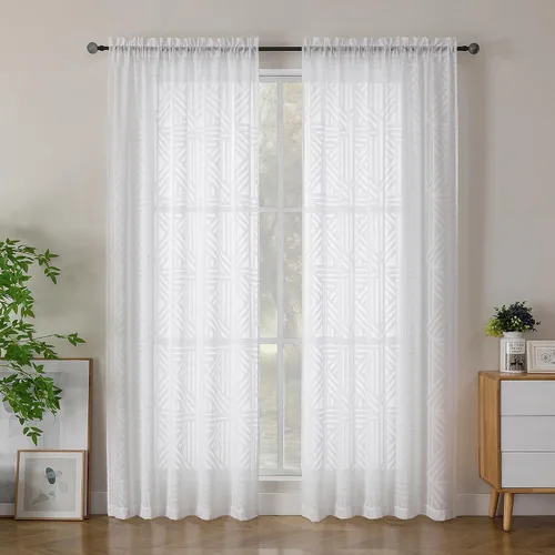 Miniatura 22 de Simplebrand Cortinas traslúcidas negras de cocina de 24 pulgadas de largo, 2 paneles, filtrado de luz, geométrico jacquard con textura, cortinas