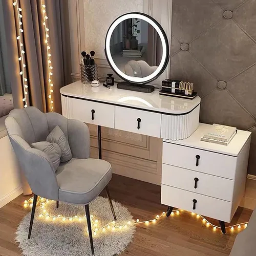Miniatura 15 de Juego de tocador grande con luces LED, mesa de tocador de maquillaje con gabinete ajustable y taburete acolchado, 3 modos de iluminación, tocador