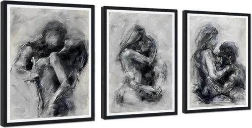 Miniatura 72 de Novatique 3 piezas de arte de pared sexy en blanco y negro para parejas desnudas, decoración de pared abstracta de amor para mujeres y hombres, arte