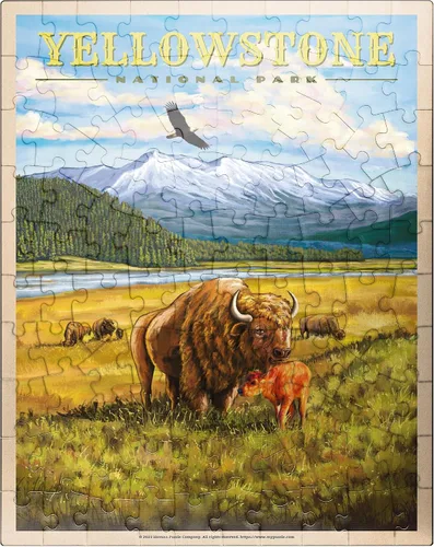 Miniatura 8 de MyPuzzle Yellowstone National Park - Bisons del valle de Hayden, póster de viaje vintage, rompecabezas prémium de 500 piezas para adultos