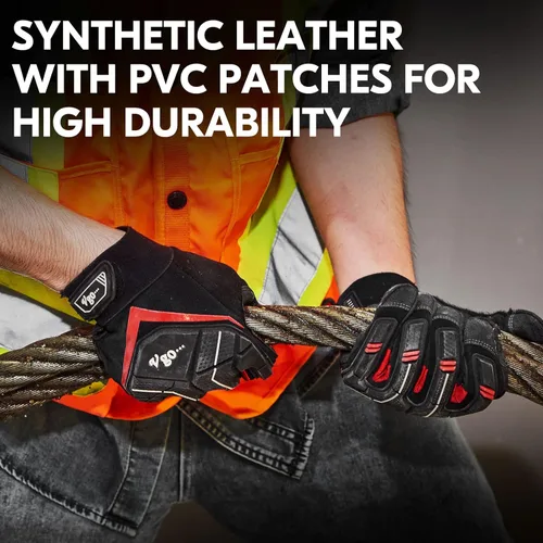 Miniatura 5 de Vgo... 1 par de guantes de trabajo de cuero sintético resistente, compatible con pantalla táctil (talla M, negro y rojo, SL9722)