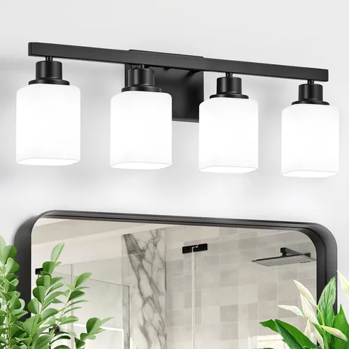 Miniatura 27 de Juego de 2 apliques de pared para baño, lámpara de tocador de baño negra, apliques de pared modernos para interiores con vidrio esmerilado cuadrado