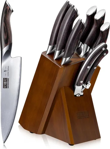HOSHANHO Juego de cuchillos de cocina de 8 piezas, juegos de cuchillos japoneses de acero de alto carbono con bloque, juego de cuchillos de chef