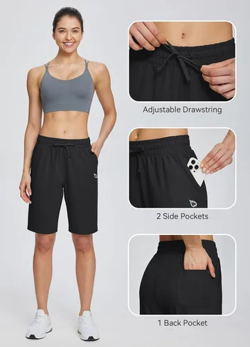 Miniatura 5 de baleaf Bermudas de algodón para mujer, pantalones cortos largos de 10 pulgadas de largo hasta la rodilla, holgadas, con cordón en la cintura