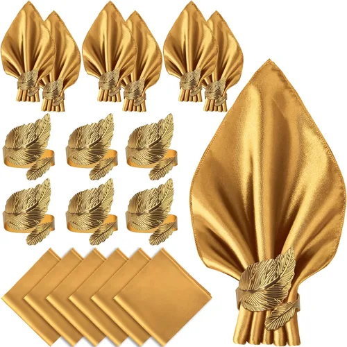 Miniatura 10 de VIJIV Juego de 12 servilletas de tela y juego de 6 anillos de servilleta dorados, 17x17 servilletas de cena cuadradas de satén para mesa, anillos