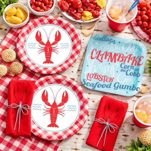 Miniatura 2 de Suministros para fiestas de cangrejos – 16 platos llanos de cangrejos de cangrejo, 16 platos de postre de clambake y gumbo y 32 servilletas rojas
