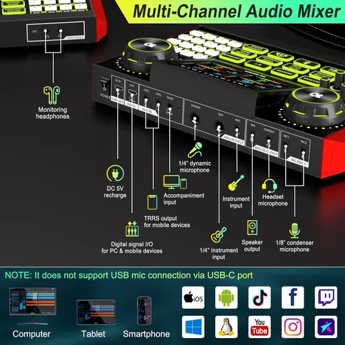 Miniatura 7 de Paquete de equipo de podcast G9 con mezclador de audio para canto en streaming, kit de micrófono de condensador de 0.138 in, cambiador de voz, Azul