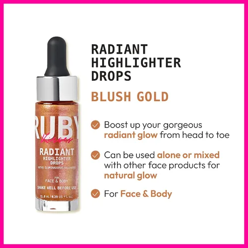 Miniatura 4 de Ruby Kisses Radiant Drops, maquillaje iluminador líquido brillante, iluminador suave para cara y cuerpo, brillo natural para la piel (oro rubor)