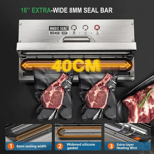 Miniatura 5 de MAGIC SEAL Sellador al vacío comercial de 16 pulgadas, máquina de envasado al vacío automática construida de acero inoxidable 304