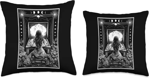 Miniatura 3 de The Pinball Girl Retro Arcade Game 80s Tarot Card Skeleton Throw Pillow