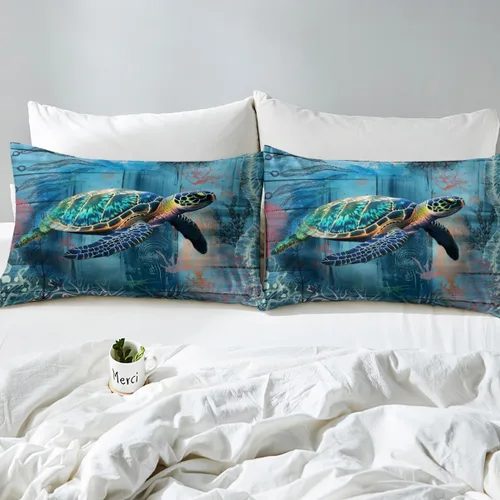 Miniatura 4 de Sábana bajera ajustable de tamaño individual para niños, diseño de animales marinos náuticos, juego de ropa de cama coral bajo el mar, juego de ropa
