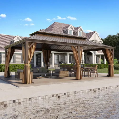 Miniatura 24 de Cenador de techo rígido de 12'x16', Cenador de patio de aluminio para exteriores con toldo de acero galvanizado de doble techo con malla y cortinas