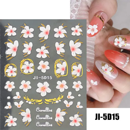Miniatura 2 de Calcomanías de arte de uñas con hojas de flores en relieve 3D, 4 hojas 5D, pegatinas autoadhesivas para uñas, suministros de uñas de verano
