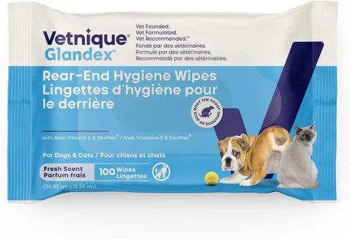 Toallitas Vetnique Glandex para mascotas, limpieza y desodorización de glándulas anales. Toallitas higiénicas para perros y gatos con vitamina E,