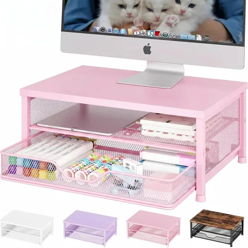 Miniatura 12 de OPNICE - Organizadores y accesorios de escritorio, con soporte de monitor de computadora de 2 niveles, cajón y 2 soportes para bolígrafos, Roble
