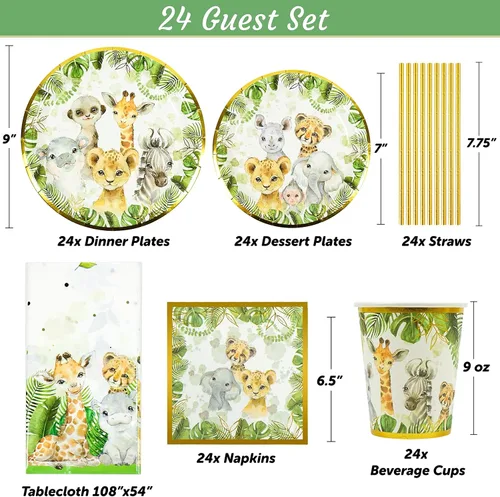 Miniatura 2 de 121 piezas de decoración temática de safari en la selva para baby shower, suministros de fiesta de cumpleaños para niños y niñas, mantel, platos