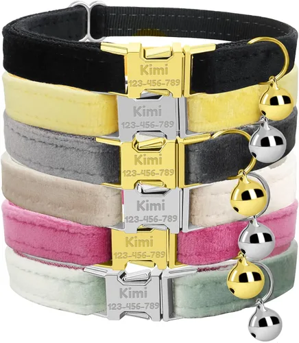 Miniatura 20 de Collar de gato personalizado con placa de nombre, collares ajustables de nailon resistente para identificación de gato con campana, personaliza