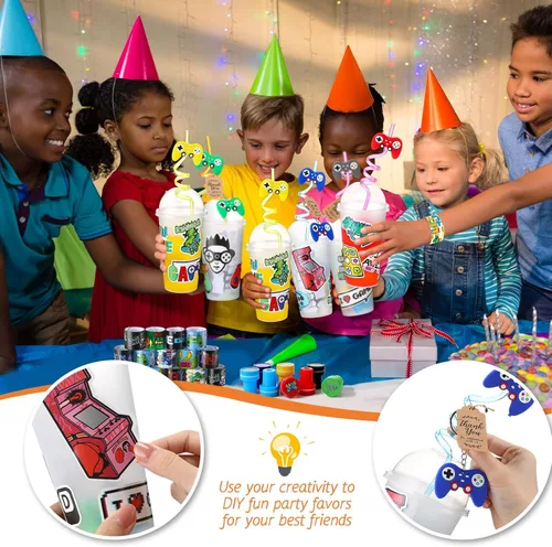 Miniatura 6 de Lenwen Juego de 128 piezas de recuerdos de fiesta de videojuegos, incluye popotes reutilizables para jugadores, tazas 3D, calcomanías hinchadas