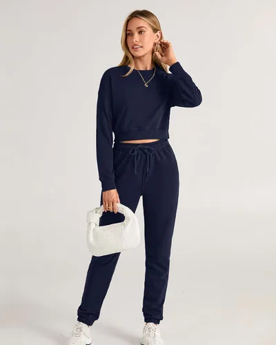 Miniatura 11 de BTFBM Conjunto deportivo de 2 piezas para mujer, camiseta corta de manga larga, sin botones, pantalón con cordón ajustable, pantalones deportivos