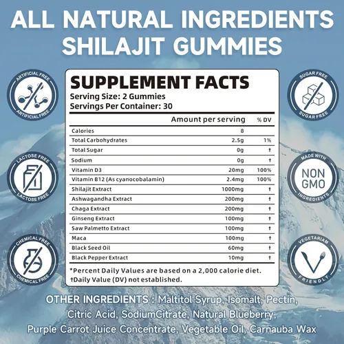 Miniatura 2 de Shilajit - Gomitas de 1000 mg sin azúcar, suplemento puro de Shilajit del Himalaya para hombres y mujeres, alto en más de 85 oligoelementos y ácido