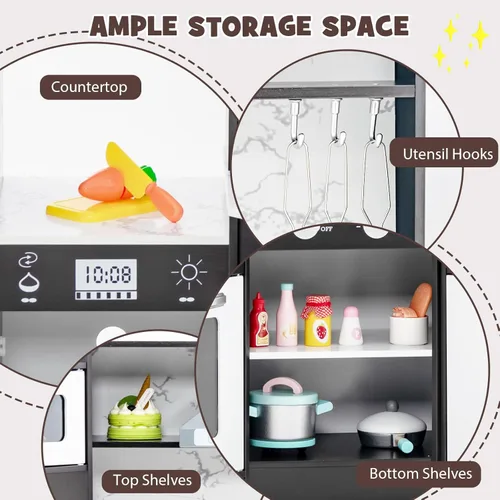 Miniatura 7 de Costzon Juego de cocina para niños, 2 piezas de juguete de cocina con luz, sonido, lavabo, microondas, pizarra, máquina de hielo, campana Negro