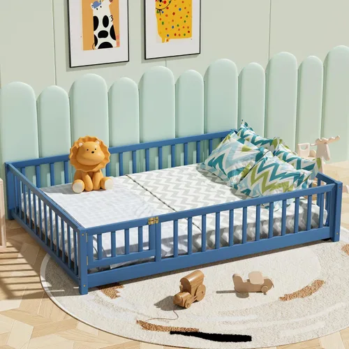 Miniatura 10 de Marco de cama Montessori de madera de tamaño individual con listones de madera, valla y puerta para niños, niñas y niños, espresso