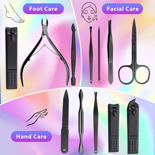 Miniatura 7 de CGBE Juego de cortaúñas, 12 piezas de acero inoxidable para hombres, juego de manicura y pedicura para regalos para hombres, color negro
