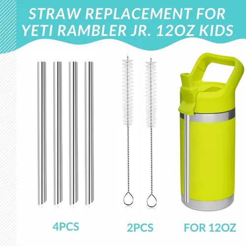 Miniatura 2 de 4 popotes de metal de repuesto para botella de agua YETI Rambler Jr., popotes de repuesto reutilizables de acero inoxidable con 2 cepillos