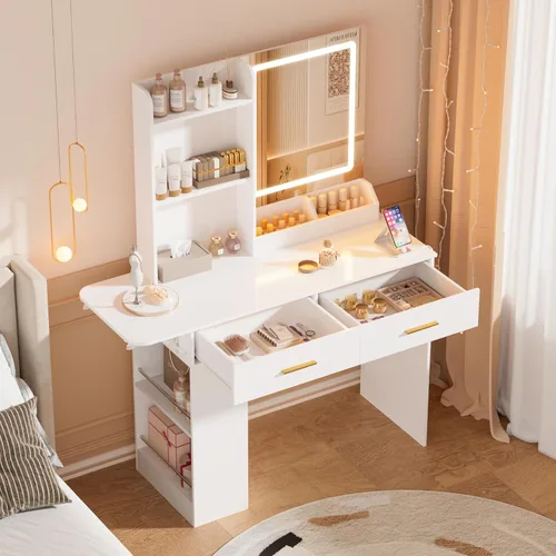 Miniatura 3 de ERLEJIA Escritorio de tocador con espejo y luces, mesa de maquillaje de 43.31 pulgadas con 4 cajones sin taburete, escritorio extra plegable con 3