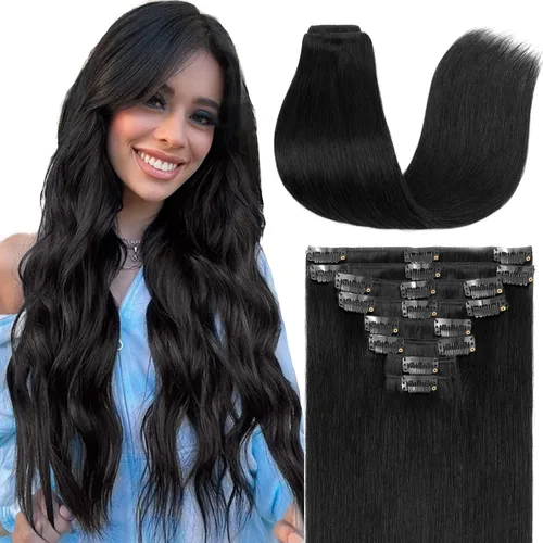 Miniatura 17 de S-noilite Extensiones de cabello humano con broches, extensiones de cabello humano corto con clip, trama estándar, 8 piezas, 18 clips, cabello
