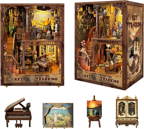 Miniatura 11 de Kit de rincón de lectura - Kit de casa de muñecas DIY en miniatura de madera con cubierta de polvo, estantería decorativa, rompecabezas 3D