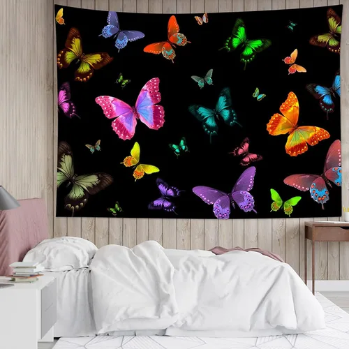 Miniatura 2 de LB Tapiz de mariposa colorido para colgar en la pared, diseño de mariposas de insectos sobre fondo negro, tapiz hippie de fantasía para dormitorio