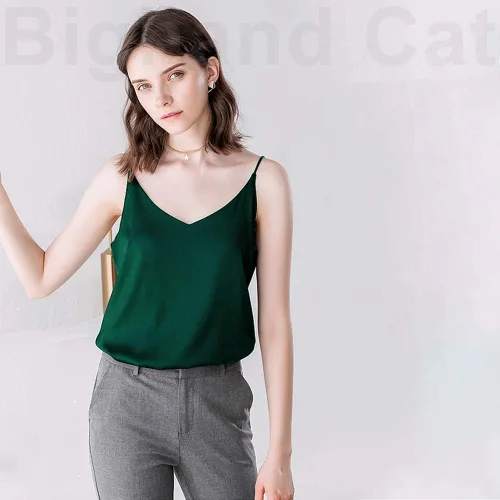 Miniatura 3 de IIG Camiseta clásica de satén de seda para mujer, blusa sexy con cuello en V, camiseta sin mangas para mujer, chaleco con tirantes delgados