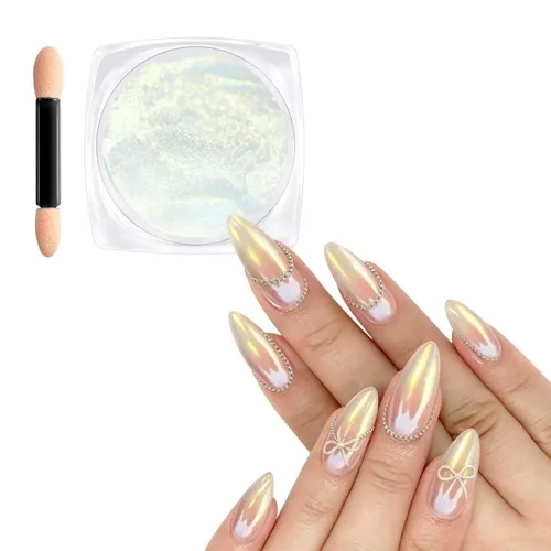 Miniatura 20 de 【Efecto espejo metálico n.º 1】Polvo de uñas cromado dorado LEDSUUEI – Polvo holográfico Aurora iridiscente perlado dorado cromado, blanco, perla