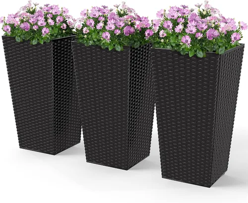 Outsunny Juego de 3 macetas altas para plantas de exterior, 24 pulgadas con agujeros de drenaje, macetas decorativas de ratán para interiores y