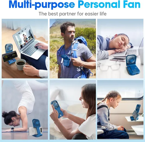 Miniatura 5 de Ventilador de mano portátil 5 en 1 recargable por USB, ventilador de collar, ventilador de escritorio, soporte plegable para teléfono, flujo de aire