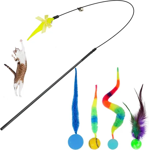 Miniatura 13 de SHENGSEN Juguete de varita de plumas para gatos, pelota inflable con cola para gatos, gusano mágico con juguete de bola grande y colorida