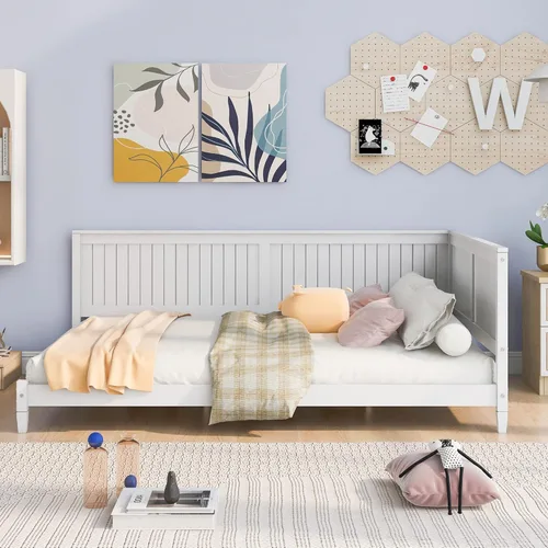 Miniatura 10 de Quarte Sofá cama multifuncional de tamaño individual con nido y estantes plegables en ambos lados, sofá cama con marco de madera y listones