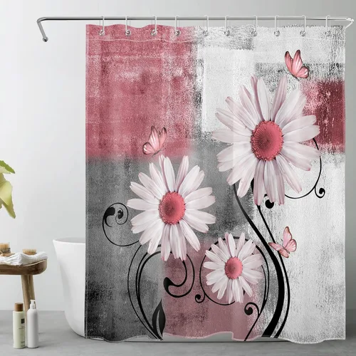Miniatura 11 de Cortina de ducha floral con margaritas azules, flores blancas y mariposas en tela moderna abstracta geométrica gris para baño, 10 ganchos, 48 x 72