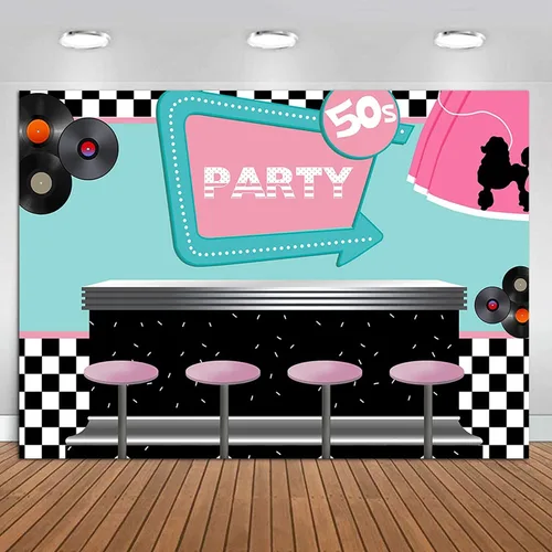 Miniatura 7 de 50's Soda Shop - Telón de fondo de vinilo para fiestas de regreso a los años 50, 5 x 3 pies con temática de los años 50, cartel para sesión de fotos