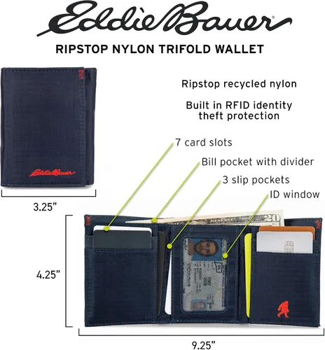 Miniatura 9 de Eddie Bauer Men's Fabric Trifold Wallet Money Clip RFID Protection ID Window Genuine Leather EDC