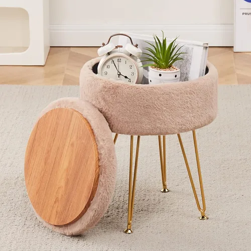 Miniatura 12 de Reposapiés Taburetes Redondos de Piel Sintética Otomana con Espacio de Almacenamiento Silla de Tocador Suave Asiento Mesa de Centro Otomana Mesa