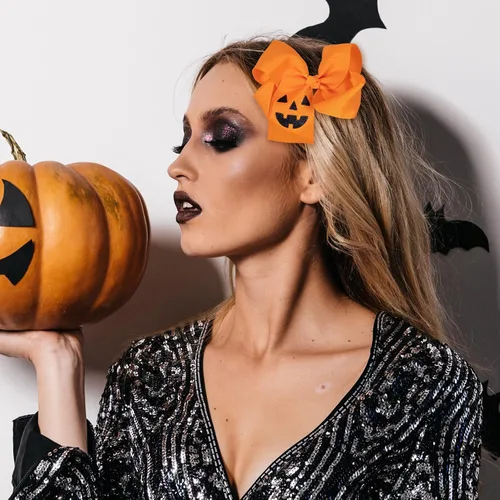 Miniatura 5 de Lazos para el pelo de calabaza para mujeres y niñas, 2 piezas de 4.5 pulgadas, lindo naranja para otoño, Acción de Gracias, Halloween, pasador