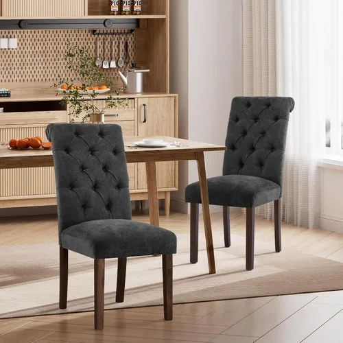 Miniatura 12 de Juego de 2 sillas de comedor, tapizadas Parsons con botones y patas de madera maciza, sillas de cocina de tela moderna para comedor, color beige