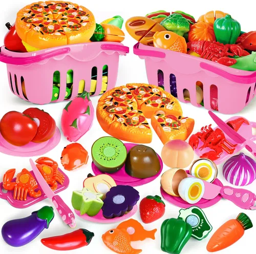 Juego de 100 piezas de comida para niños, juguete de comida de simulación para niños pequeños, accesorios de juguetes de cocina con 2 cestas, corte